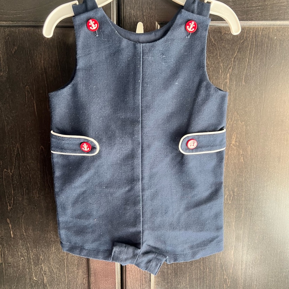 Navy Blue Baby Shortall with Red Anchor Buttons